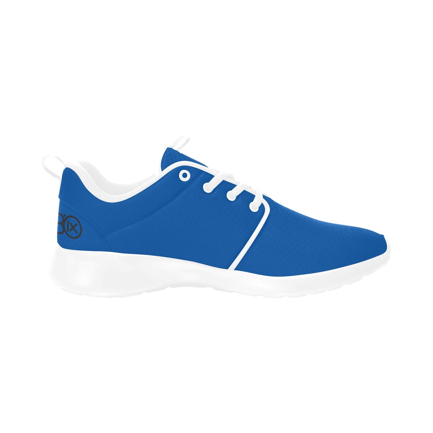 Men's running shoe, blue with white laces and trim, low-profile cushioned sole