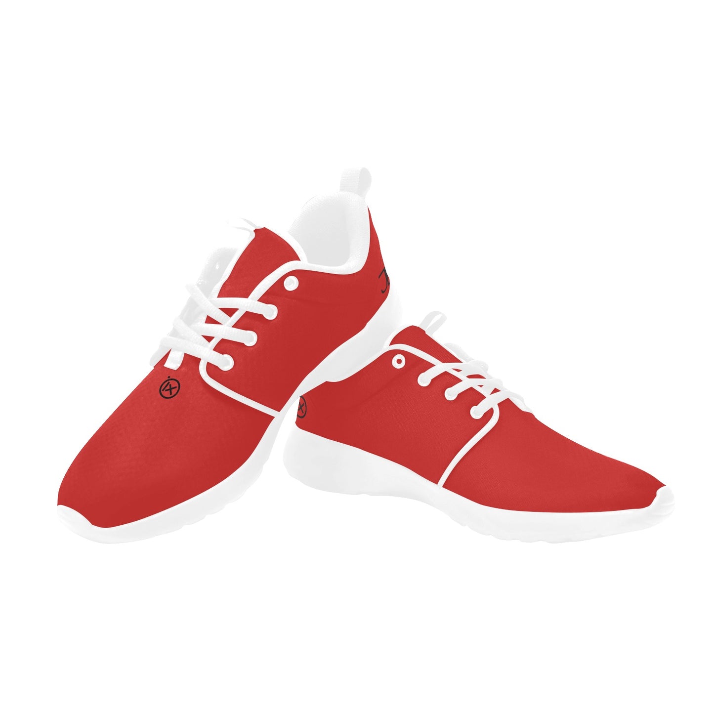 Red mens performance runner shoes in two views, white laces and cushioned sole