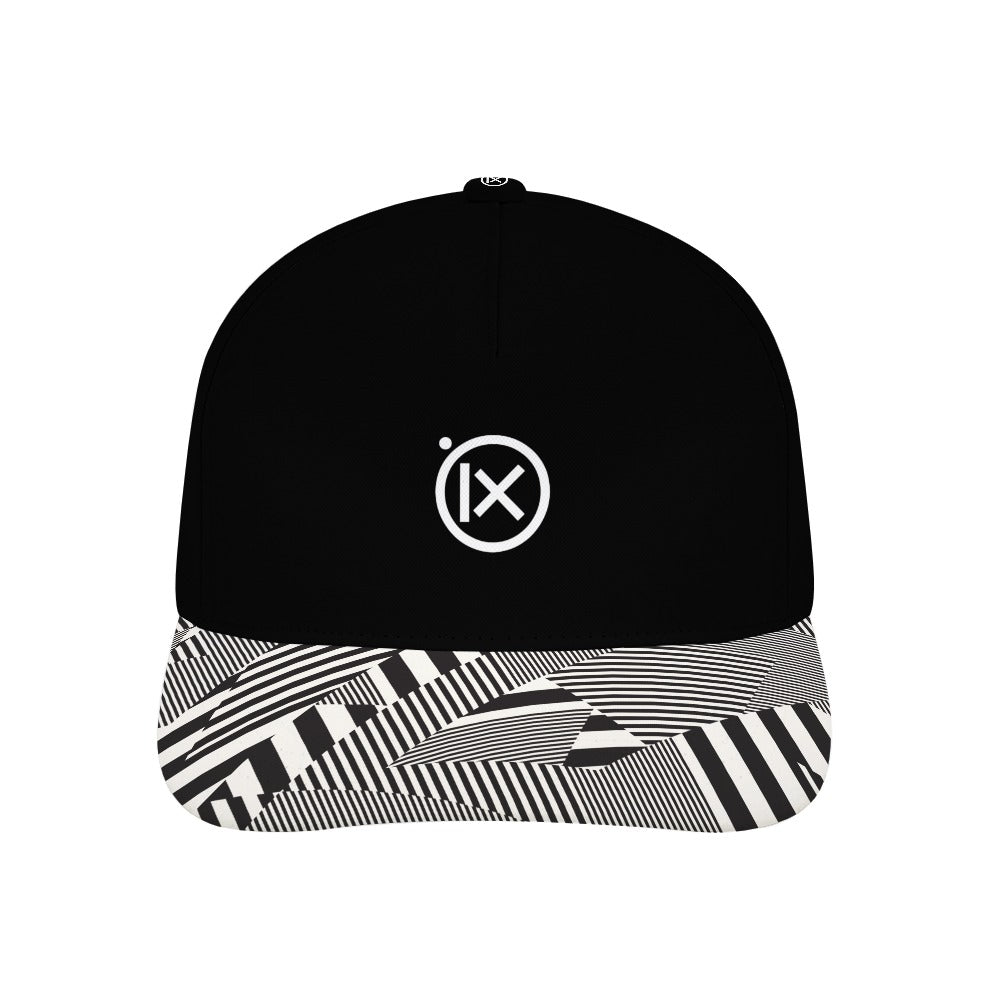 Black baseball cap with striped graphic brim and Ix logo on front.