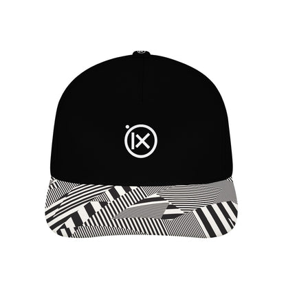 Black baseball cap with striped graphic brim and Ix logo on front.