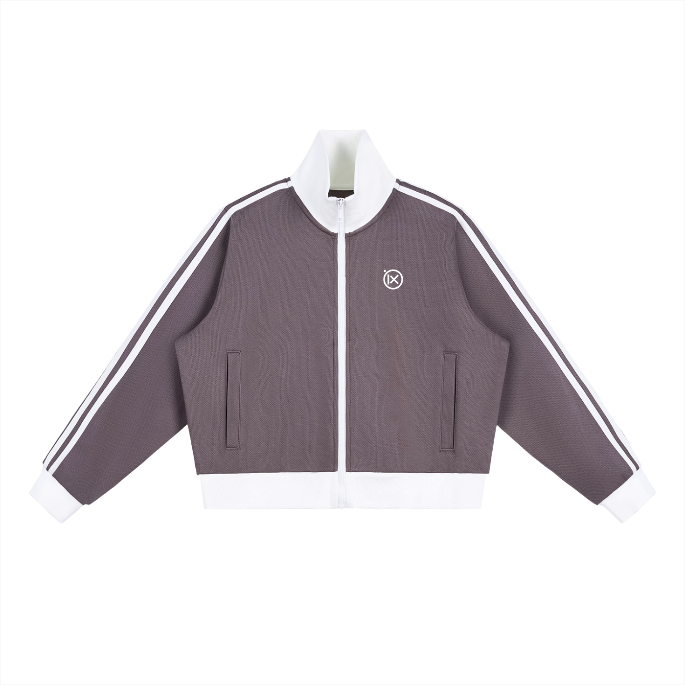 Purple cropped track jacket front with full zip, contrast side stripes, flap pockets
