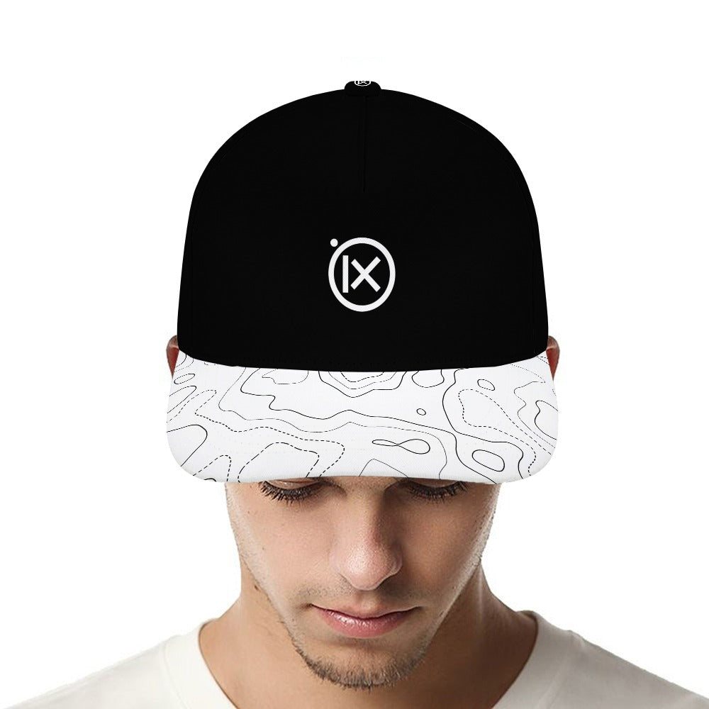 Black baseball cap with iX logo and white patterned brim with line details