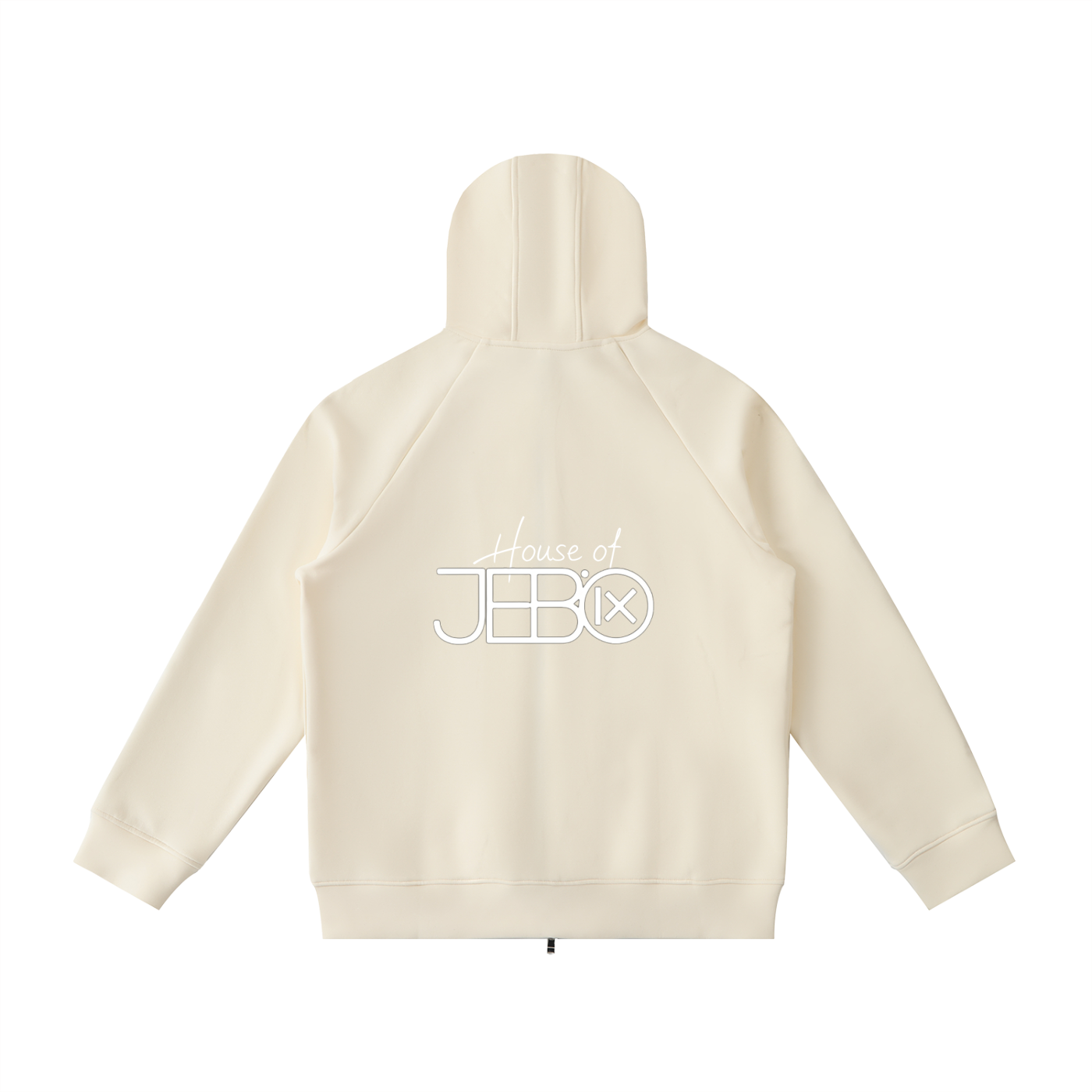Raglan zip hoodie in cream, with hood and back logo graphic