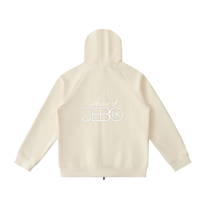 Raglan zip hoodie in cream, with hood and back logo graphic