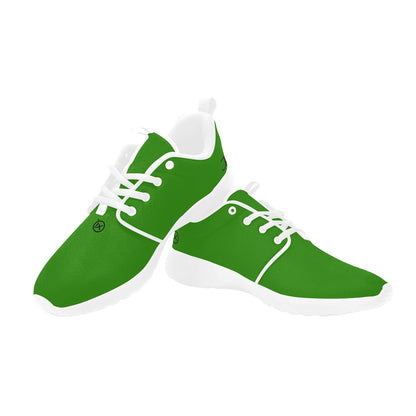 Green mens performance runner shoes in two views, white laces and sole