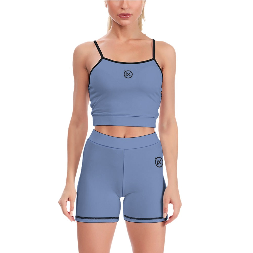 Women’s yoga two-piece set, slate blue cropped sports top and matching biker shorts with black trim