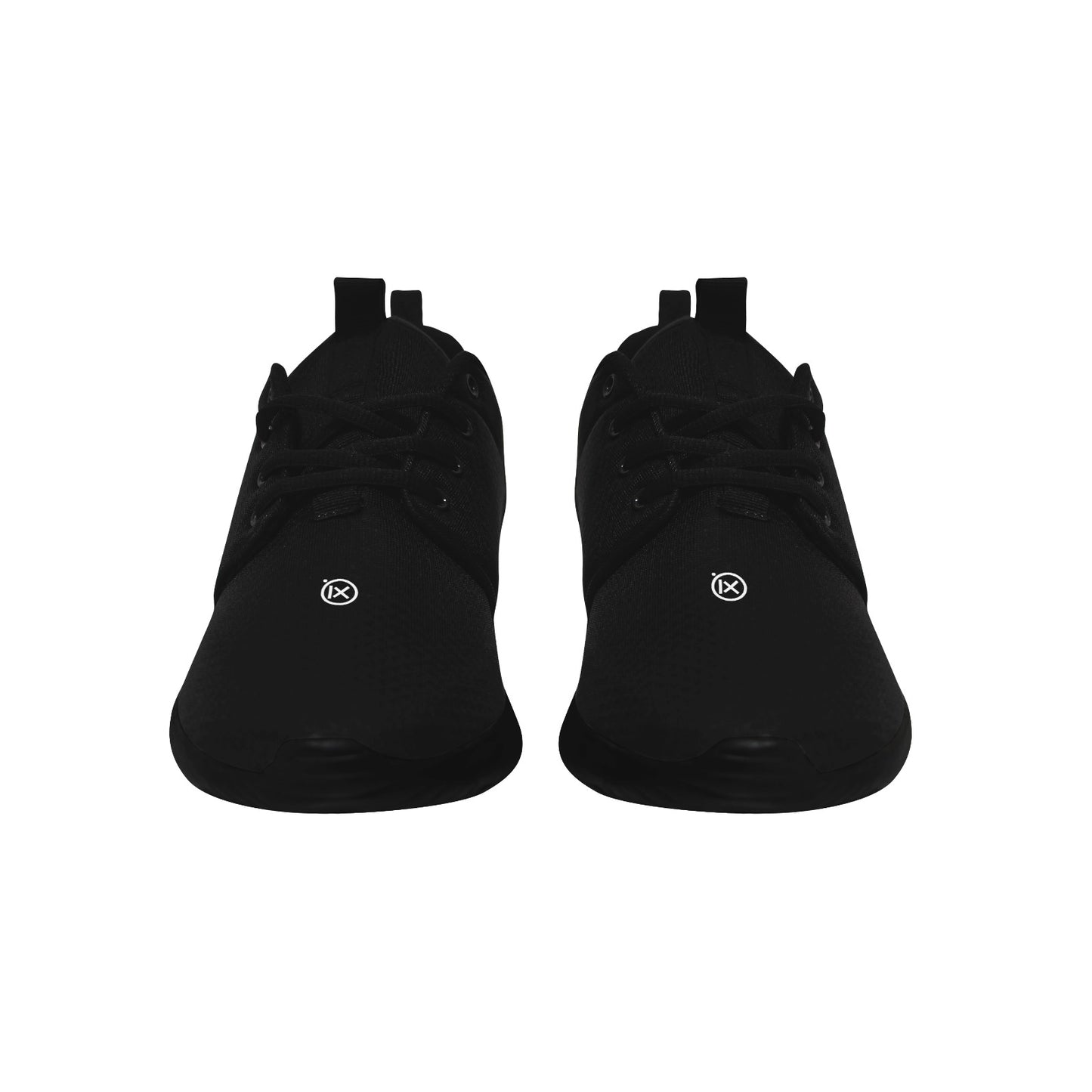 Mens core runner shoes, black front view with lace-up closure and low profile sole