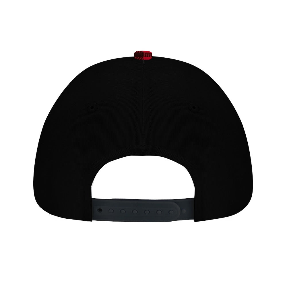 Black baseball cap with red top button and gray adjustable strap back