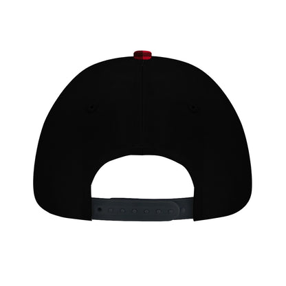 Black baseball cap with red top button and gray adjustable strap back