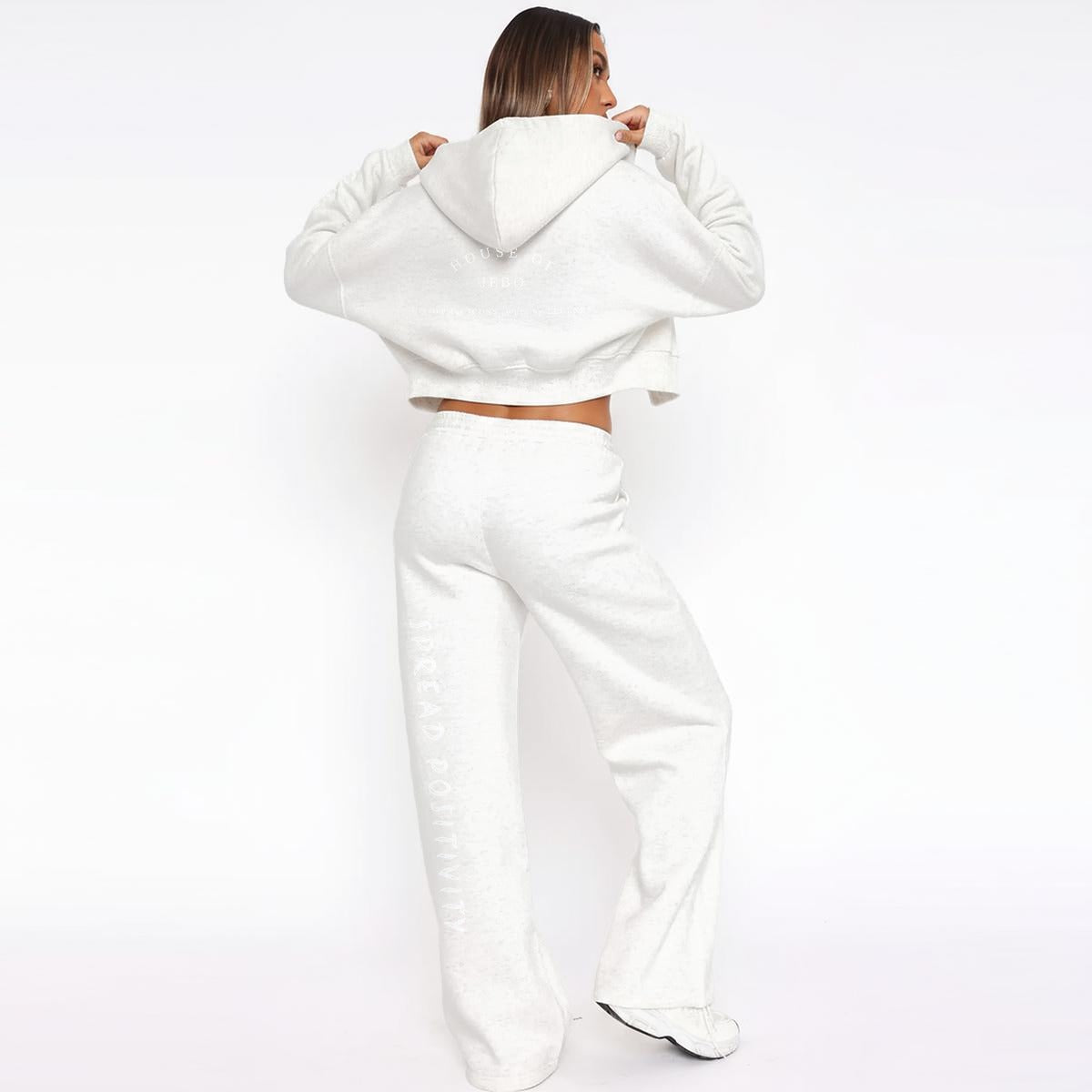 White fleece zip hoodie and wide-leg sweatpants set, back view with hood up