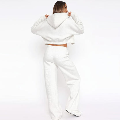 White fleece zip hoodie and wide-leg sweatpants set, back view with hood up