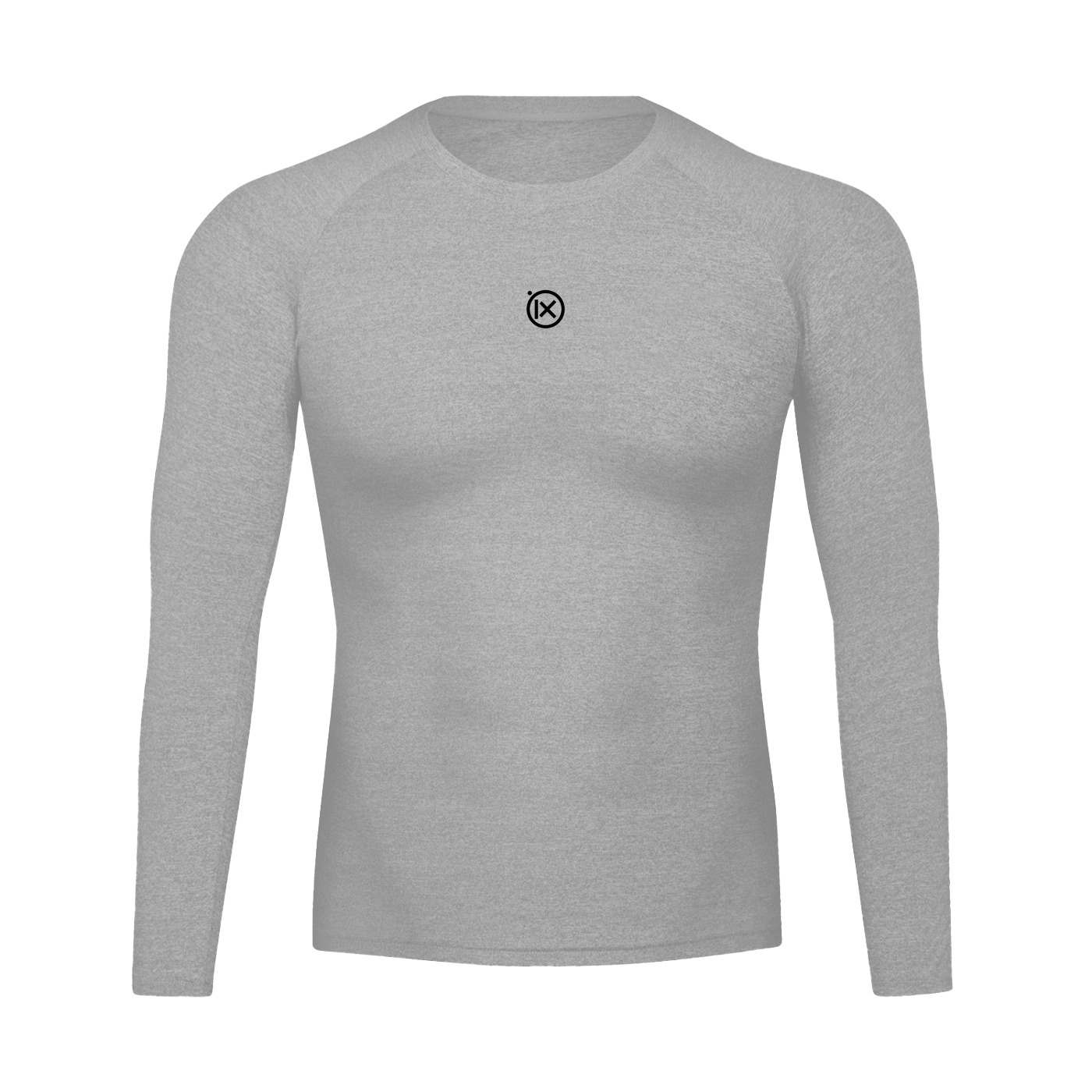 Gray long-sleeve shirt with a small logo on a white background
