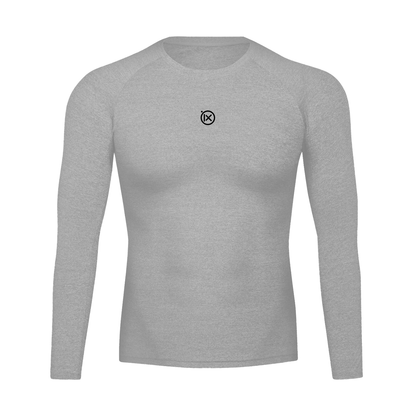 Gray long-sleeve shirt with a small logo on a white background