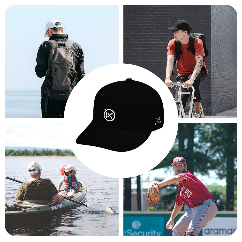 Baseball cap worn in multiple scenes; black crown, leopard-print brim, white Ix emblem