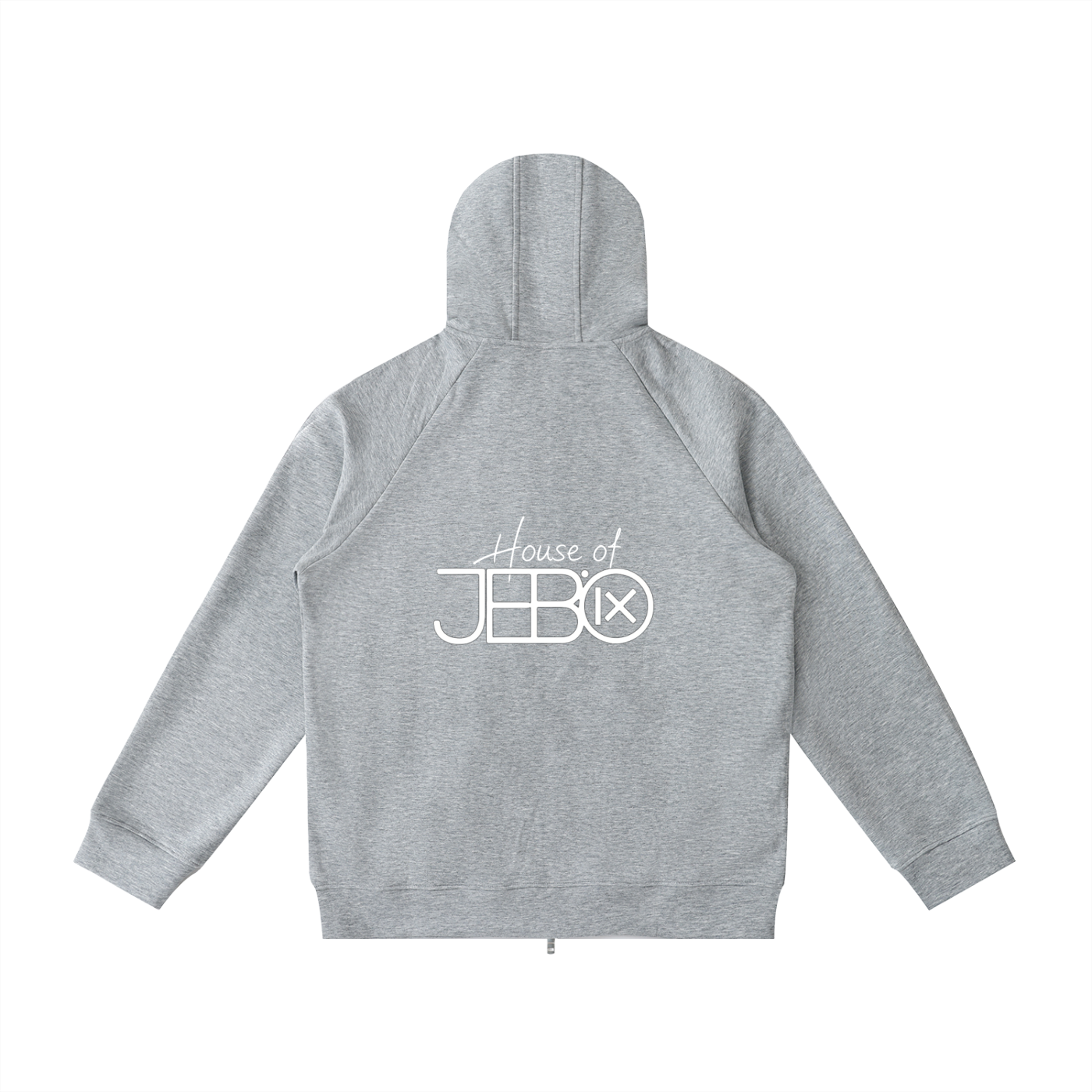 Gray raglan zip hoodie with hood and front logo graphic