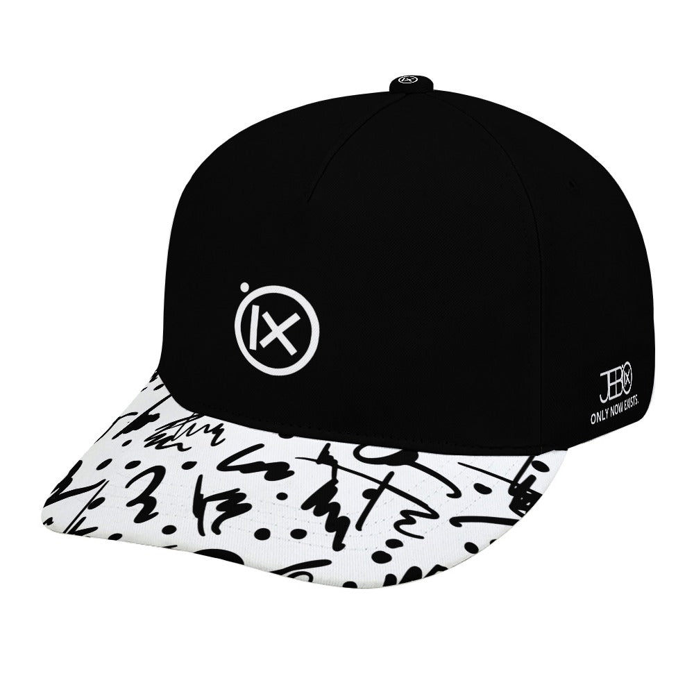 Baseball cap with black crown and white graphic brim with black marks, side JEBO label.