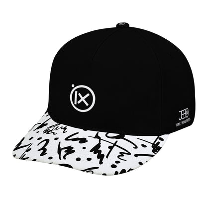Baseball cap with black crown and white graphic brim with black marks, side JEBO label.
