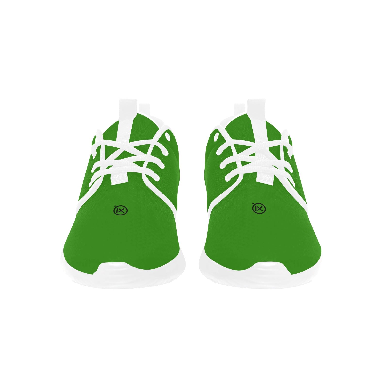 Pair of green mens runner shoes with white laces and thick white soles