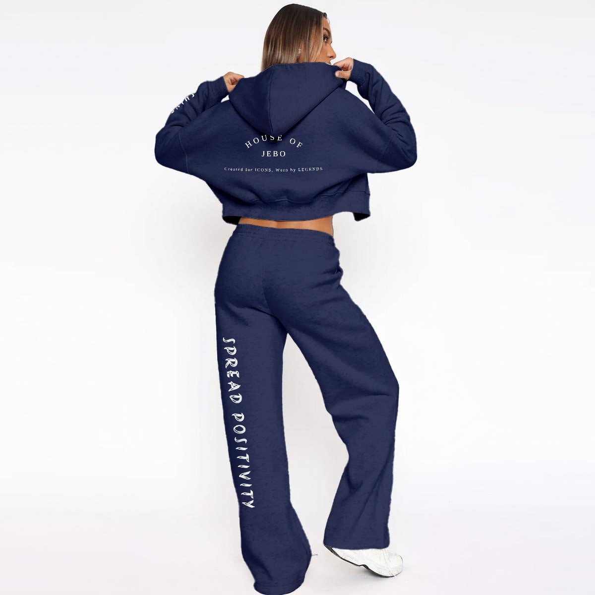Women's fleece tracksuit, navy cropped hoodie and wide-leg jogger pants