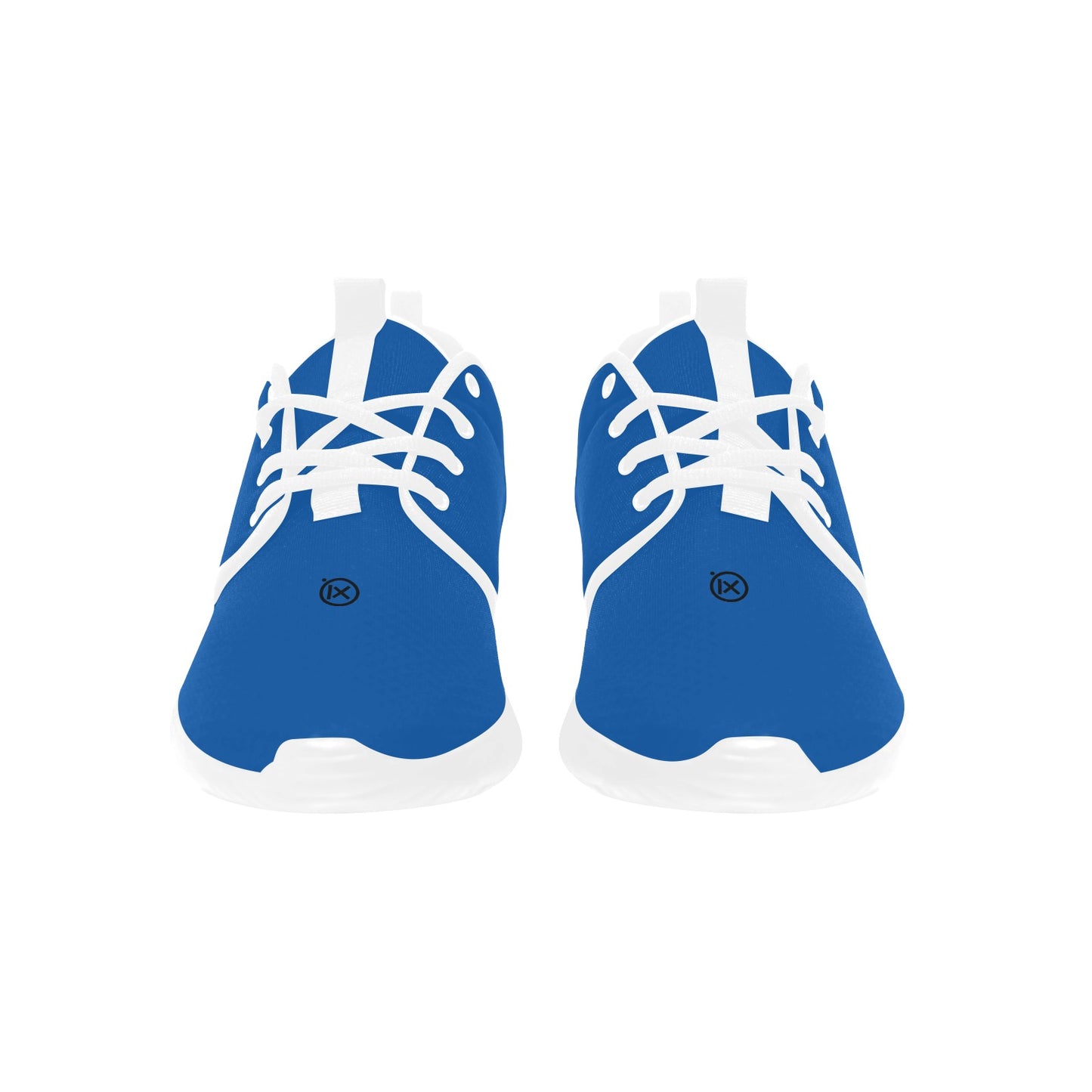 Men's running shoes, blue with white laces, front view showing eyelets