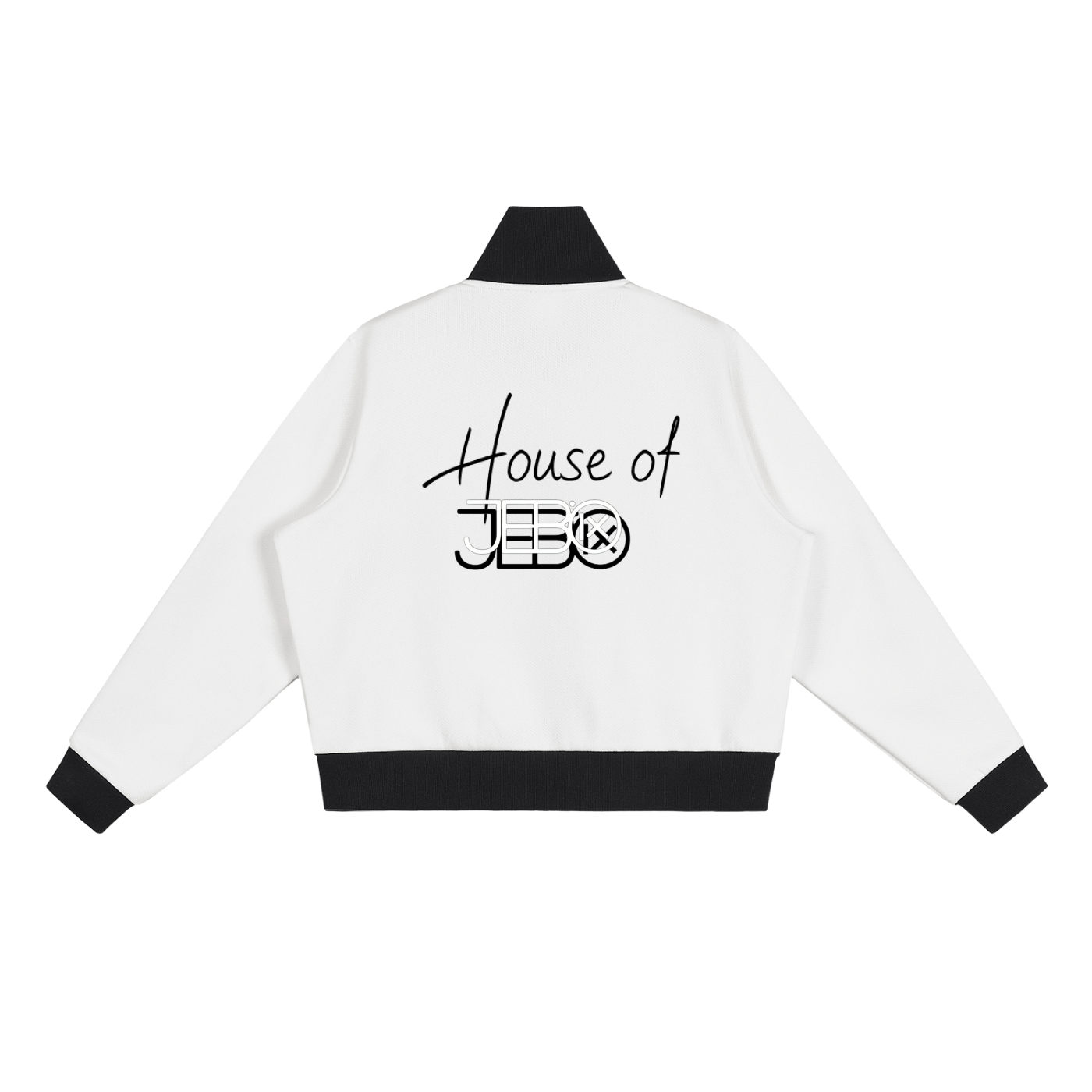 White cropped track jacket back with slogan print, full zip, black contrast hem