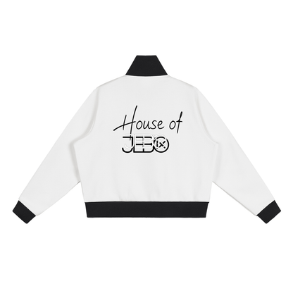 White cropped track jacket back with slogan print, full zip, black contrast hem