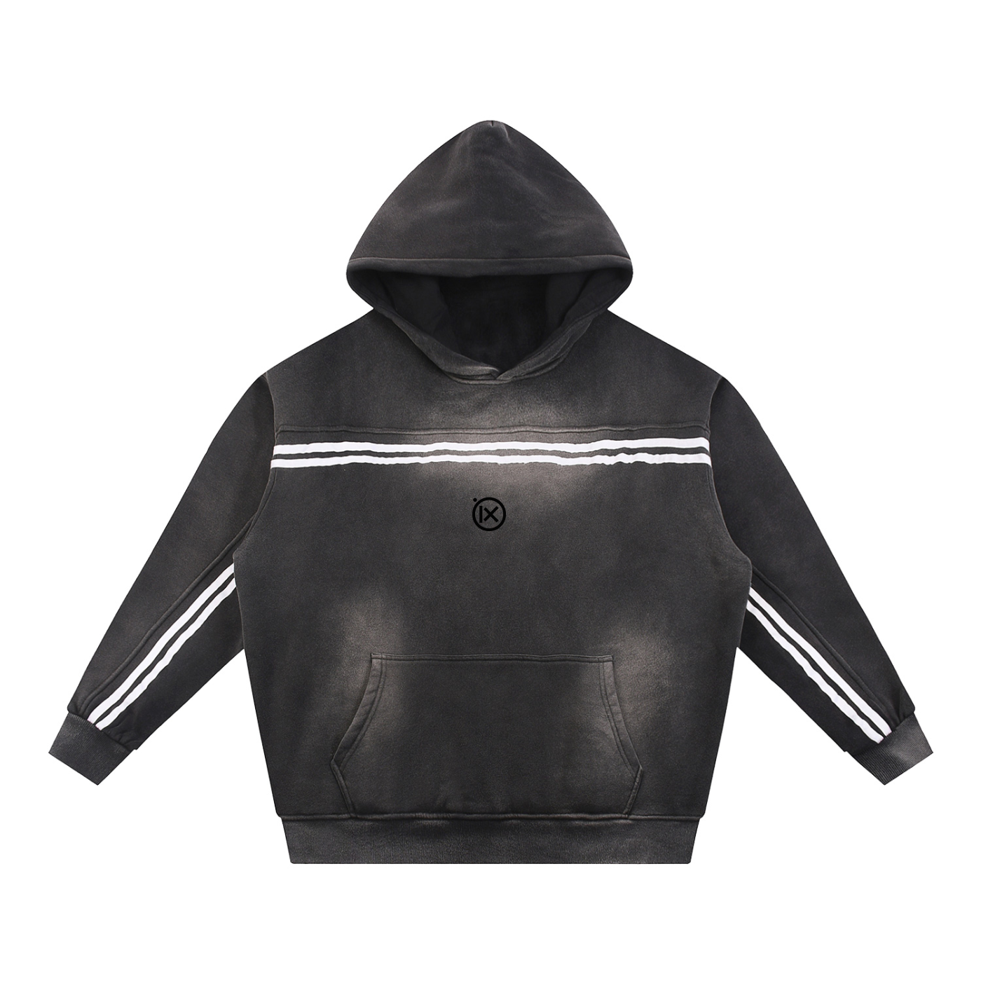 Black contrast hoodie with black-and-white stripe chest band, drawstring hood, kangaroo pocket
