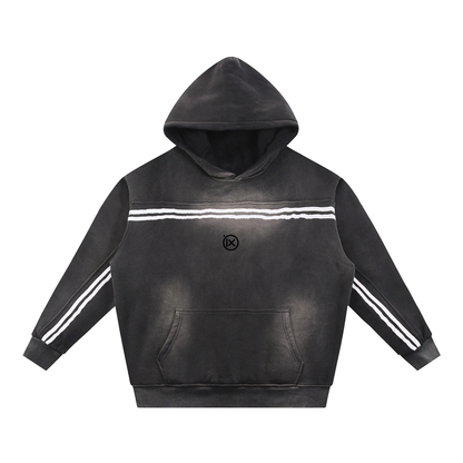 Black contrast hoodie with black-and-white stripe chest band, drawstring hood, kangaroo pocket