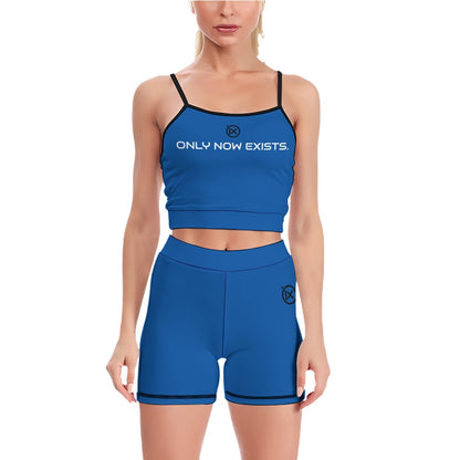 Women’s yoga two-piece set, slate blue crop tank with black trim and matching shorts