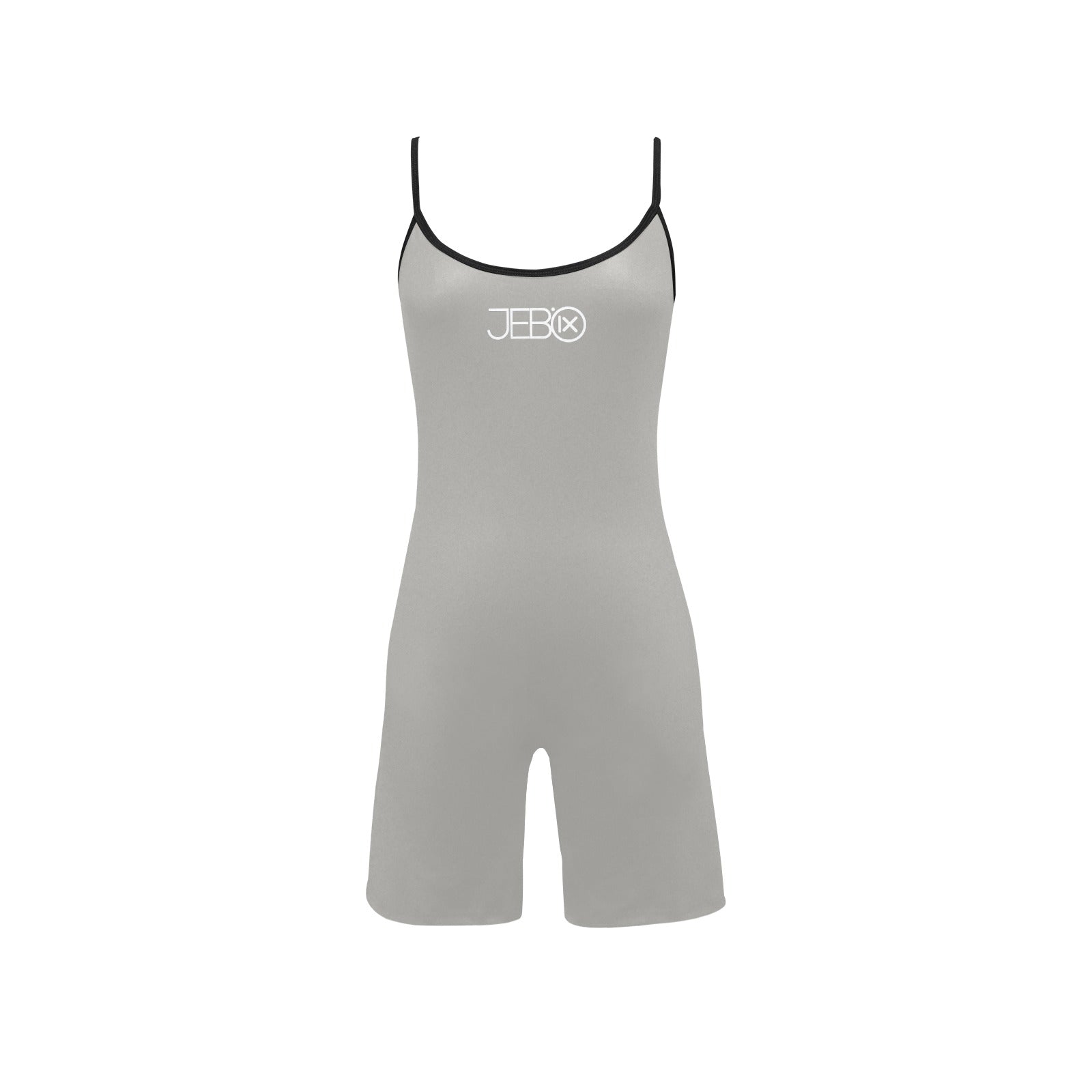 Steel gray short yoga bodysuit with scoop neck spaghetti straps and black contrast trim