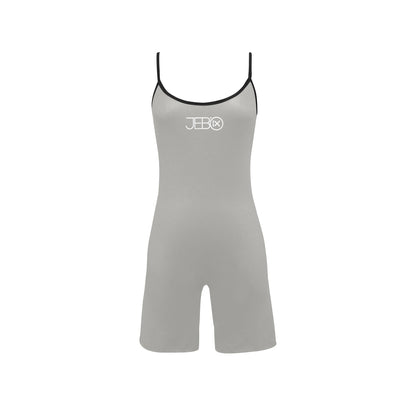Steel gray short yoga bodysuit with scoop neck spaghetti straps and black contrast trim