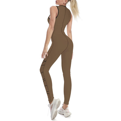 Brown sleeveless one-piece yoga suit with black-trim back and full-length legs