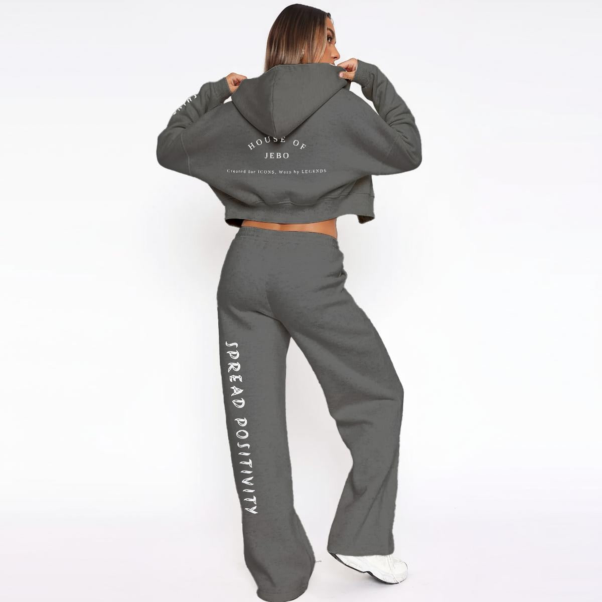 Women's fleece tracksuit, dark gray cropped hoodie and wide-leg jogger pants