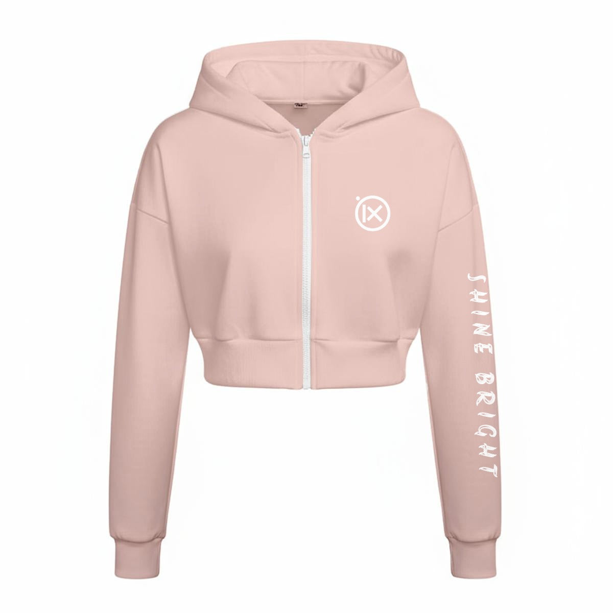 Pink fleece zip-up hoodie with drawstring hood and IX logo, long sleeves