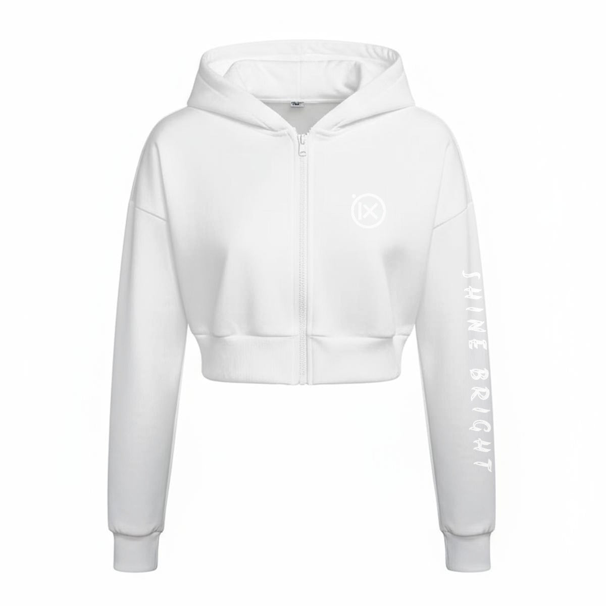 White fleece zip-up hoodie with drawstring hood and IX logo, long sleeves