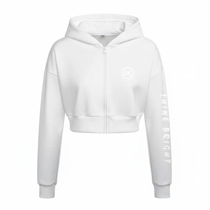 White fleece zip-up hoodie with drawstring hood and IX logo, long sleeves