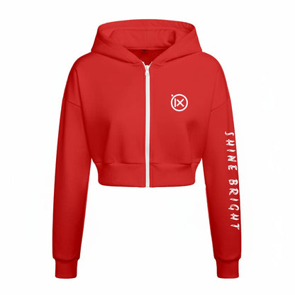 Red fleece zip-up hoodie with hood, front zipper, and printed chest logo