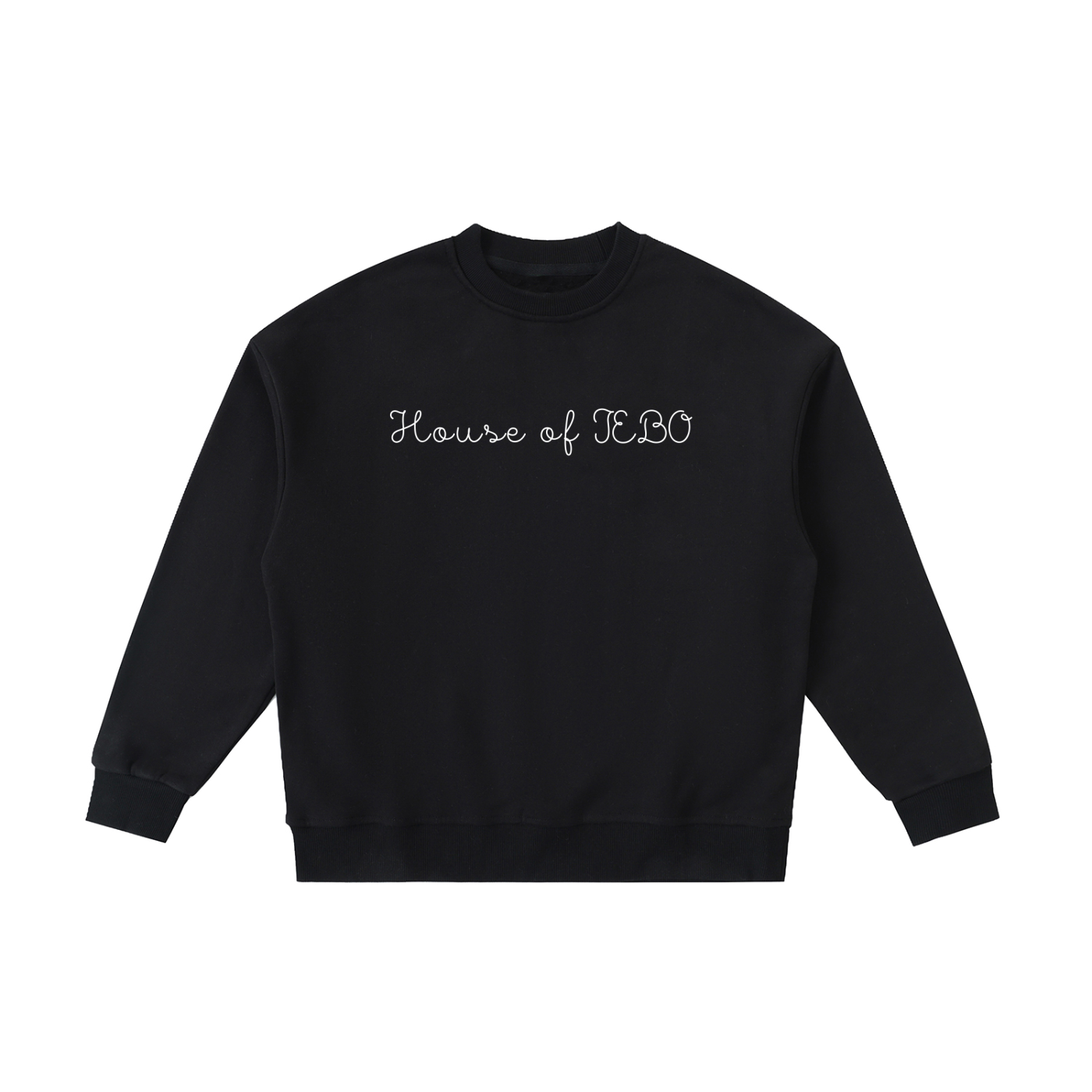 Kids fleece crewneck sweatshirt, black, front “House of JEBO” print.