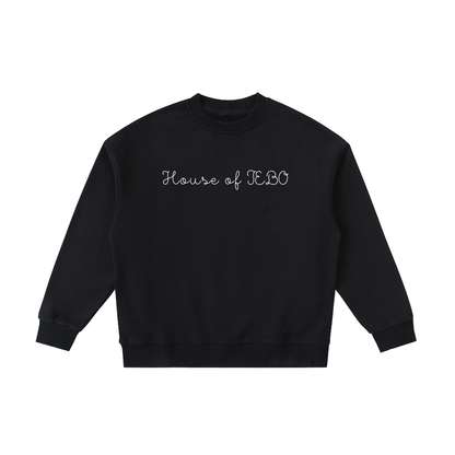 Kids fleece crewneck sweatshirt, black, front “House of JEBO” print.