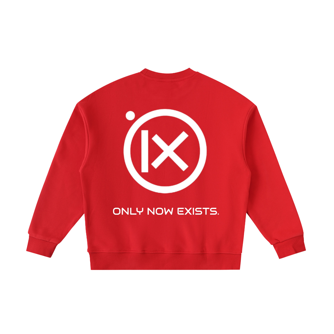 Kids fleece crewneck sweatshirt, red, back circle “ONLY NOW EXISTS.” graphic.