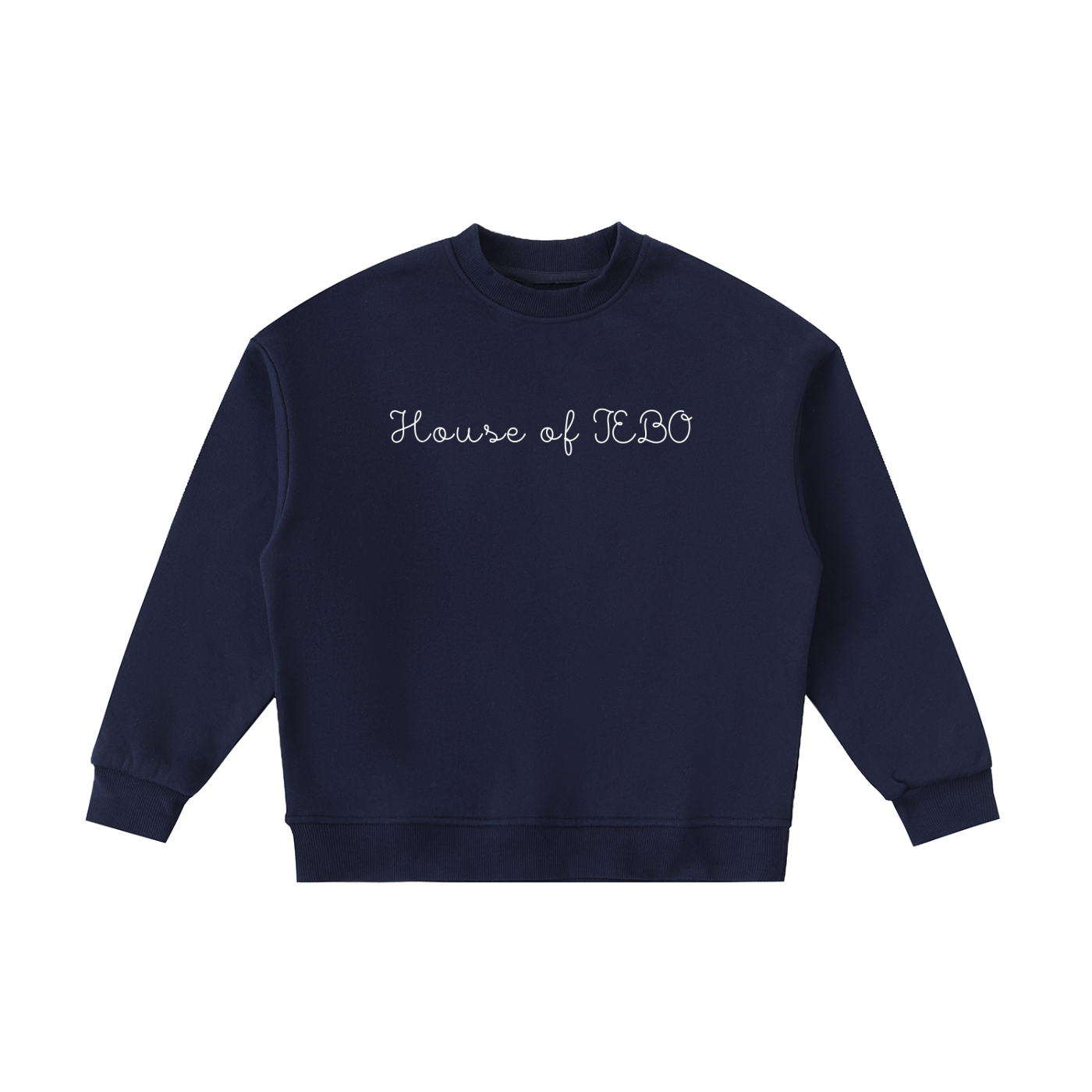 Kids fleece crewneck sweatshirt, navy, front “House of JEBO” print.