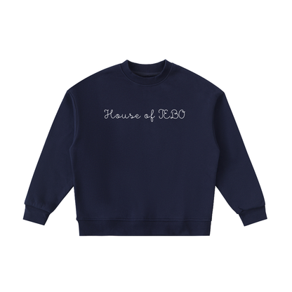 Kids fleece crewneck sweatshirt, navy, front “House of JEBO” print.