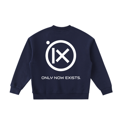 Kids fleece crewneck sweatshirt, navy, back circle “ONLY NOW EXISTS.” graphic.