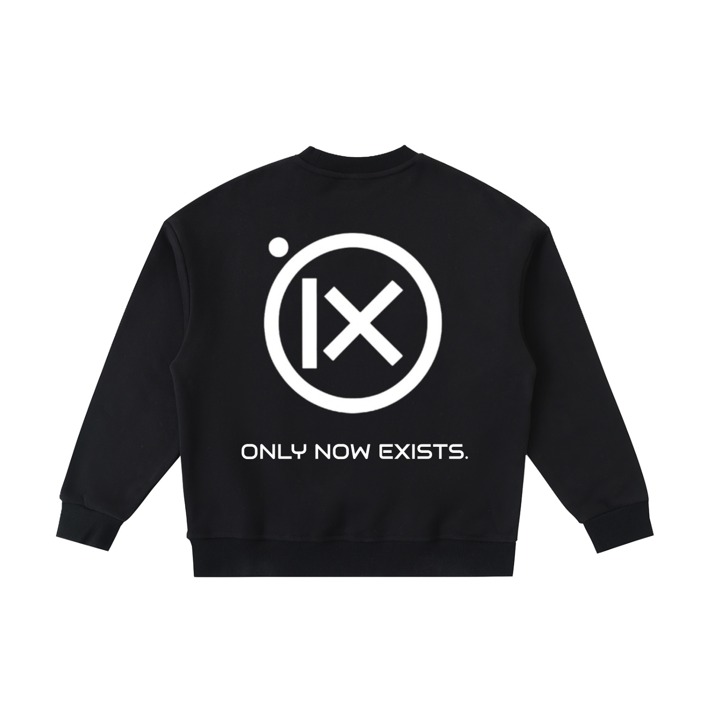 Kids fleece crewneck sweatshirt, black, back circle “ONLY NOW EXISTS.” graphic.