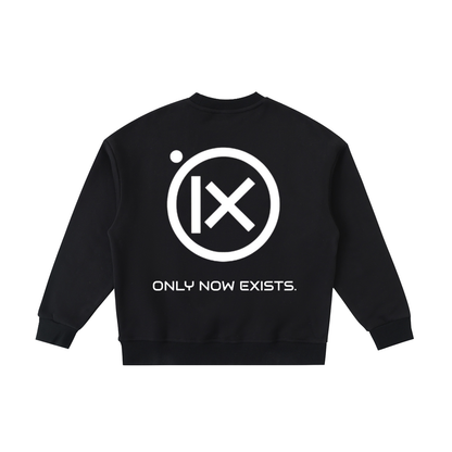 Kids fleece crewneck sweatshirt, black, back circle “ONLY NOW EXISTS.” graphic.