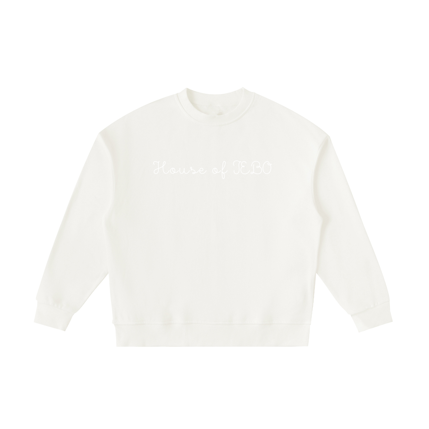Kids fleece crewneck sweatshirt, white, front “House of JEBO” print.
