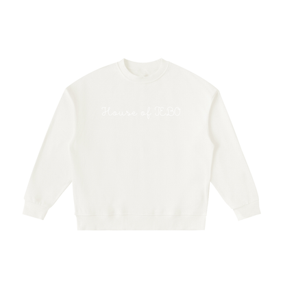 Kids fleece crewneck sweatshirt, white, front “House of JEBO” print.