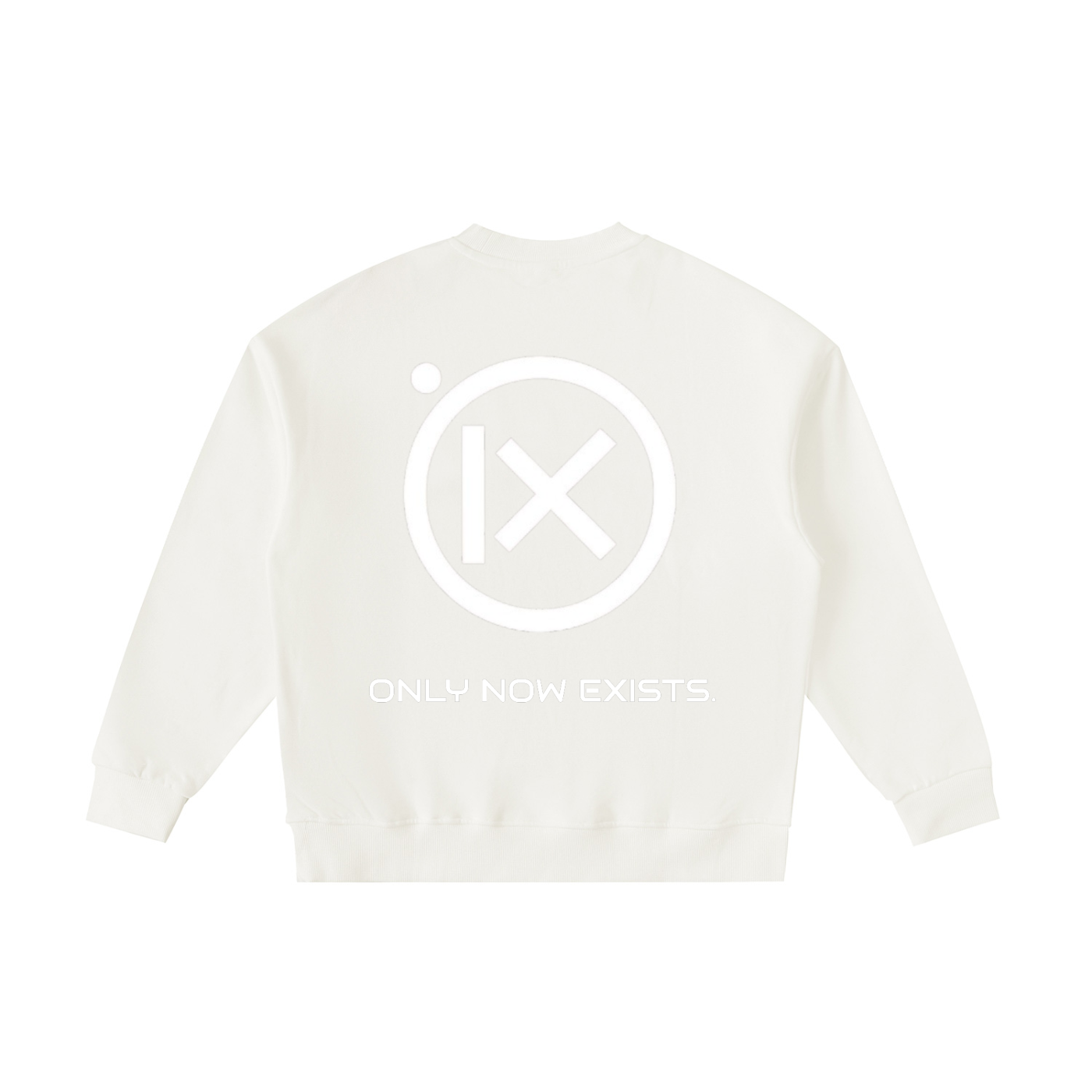 Kids fleece crewneck sweatshirt, white, back circle “ONLY NOW EXISTS.” graphic.