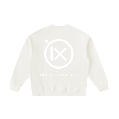 Kids fleece crewneck sweatshirt, white, back circle “ONLY NOW EXISTS.” graphic.