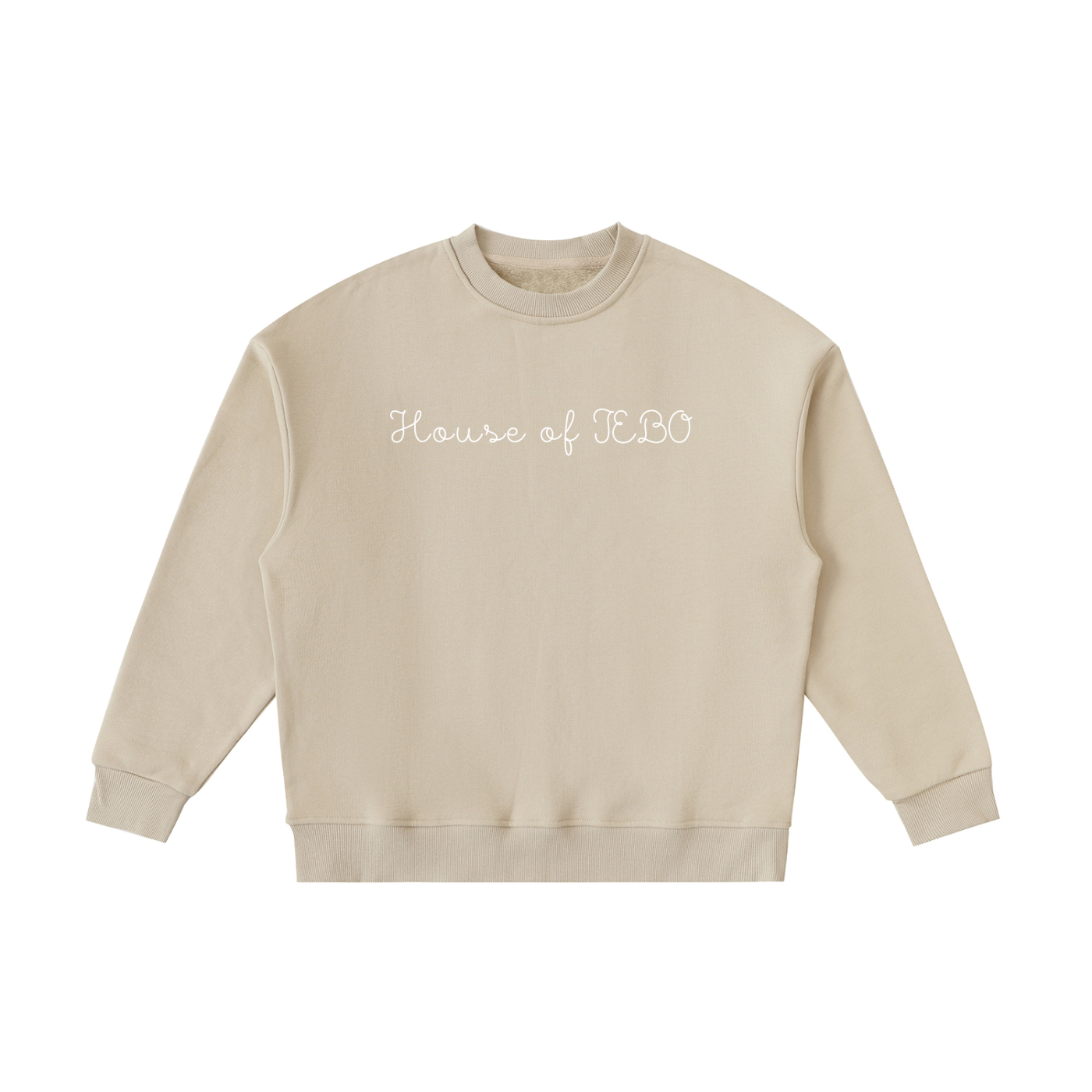Kids fleece crewneck sweatshirt, beige, front “House of JEBO” print.